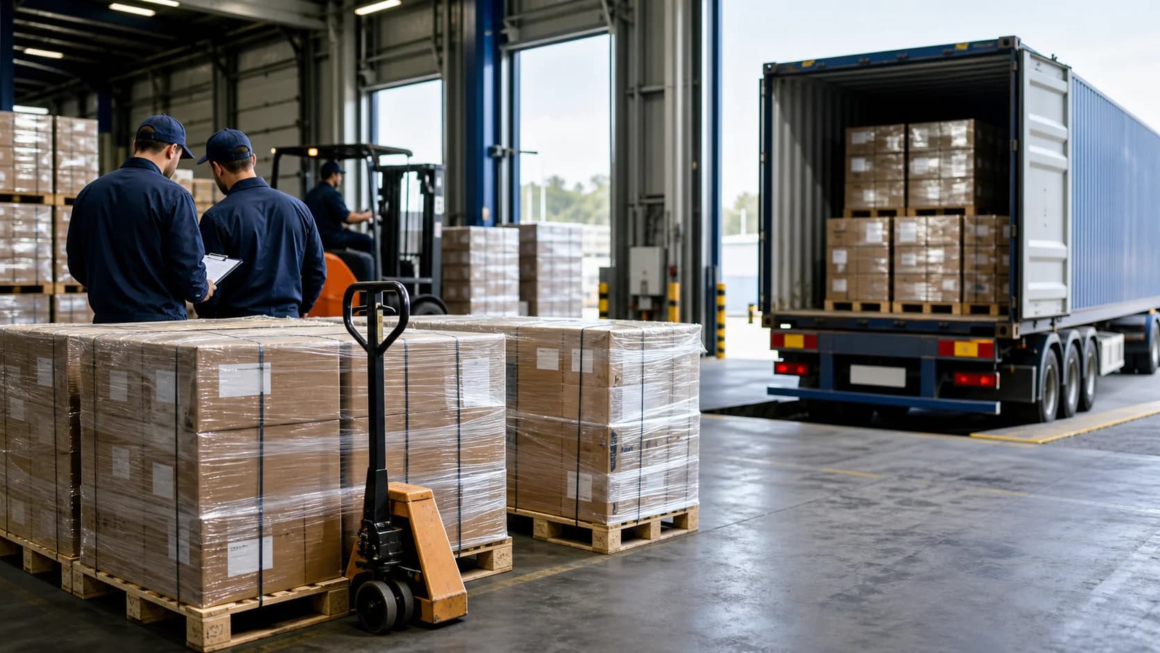 FMCG ihracatı için paletli ürün hazırlığı yapılan depo koridoru