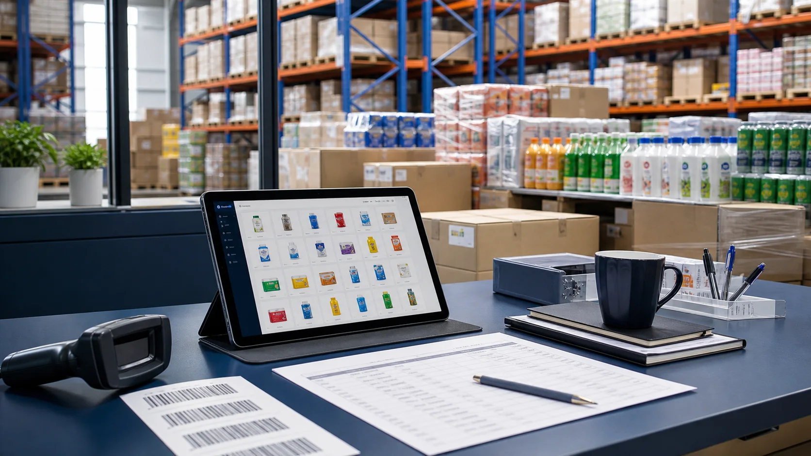 Toptan FMCG ürünleri bulunan depo rafları ve paletli sevkiyat alanı
