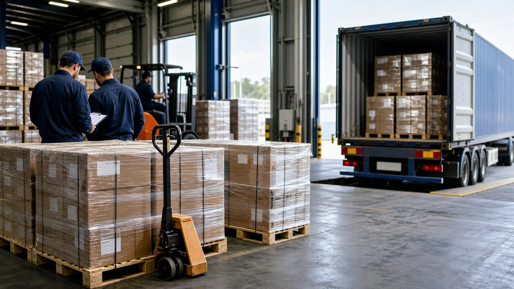 FMCG ihracatı için paletli ürün hazırlığı yapılan depo koridoru